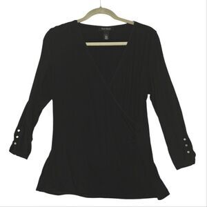 WHBM BLACK FAUX WRAP V Neck 3/4 sleeve top blouse SZ L